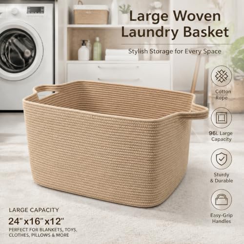 96L Woven Laundry Basket with Handles, Extra Blanket Basket,Jute - Image 5