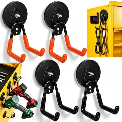 4 Pack Strong Magnet Hooks Heavy Duty, Rubber Coated No Damage Hook for Garage Storage, Dual Hook Design, Large Magnetic Hangers for Tools, Garden, Workshop (Orange2pcs + Black2pcs) by Haikole