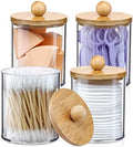 4 Pack Qtip Holder Dispenser with Bamboo Lids - 10 oz Clear Plastic Apothecary Jar Containers for Vanity Makeup Organizer Storage - Bathroom Accessories Set for Cotton Swab, Ball, Pads, Floss by VITEVER