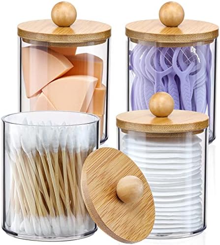4 Pack Qtip Holder Dispenser with Bamboo Lids - 10 oz Clear Plastic Apothecary Jar Containers for Vanity Makeup Organizer Storage - Bathroom Accessories Set for Cotton Swab, Ball, Pads, Floss by VITEVER