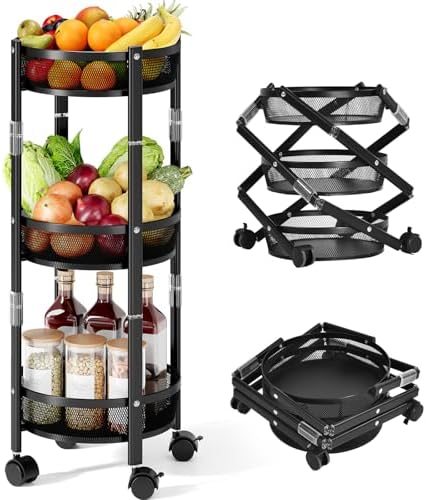 TOOLF 3 Tier Foldable Rolling Cart, Metal Utility Storage Cart, Black | Assembly-Free, Lockable Wheels, Round Trolley Organizer for Bathroom, Kitchen, Office, Dorm, Laundry, Craft Room by TOOLF