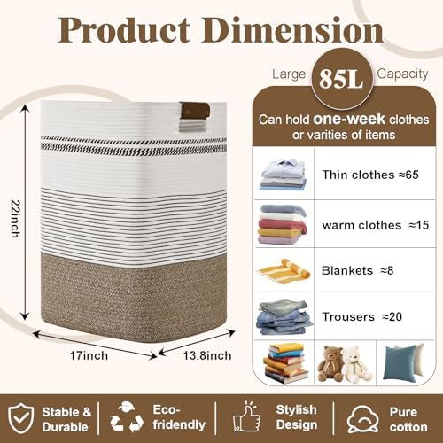 Laundry Hamper, 85L Tall Laundry Basket with Leather Handles, Rectangle Large Clothes Hamper for Organizing, Cotton Woven Laundry Baskets Storage Hampers for Bedroom, Nursery, Living Room - Image 3