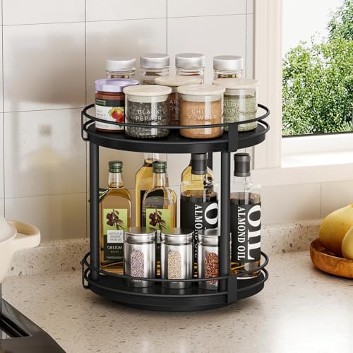 Snughome Lazy Susan Spice Rack, 2 Tier Rotating Spice Rack, Wood Lazy Susan Organizer for Cabinet, Black Kitchen Counter Shelf, 10.2" x 10.2" x 10.4" - Image 3
