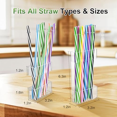 2 PACK Acrylic Straw Holder for Cabinet Doors, Reusable Straw Organizer with Ultra-Sticky Adhesive, Small Kitchen Accessories Container, Fits Both Short & Long Straws (Transparent) - Image 2