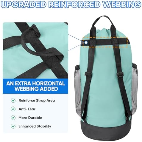 BALEINE 120L Laundry Bag Backpack, 900D Oxford Fabric Large Travel Laundry Bags with Shoulder Straps and 2 Mesh Pockets for College Dorm, Apartment, Laundromat (Sky Blue, 120L) - Image 4