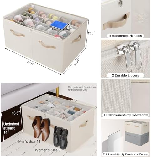 TOPIA HOME Shoe Organizer for Closet, Foldable Shoe Box with Adjustable Dividers and Clear Cover, Space Saving Shoe Storage Organizer Cabinet with Reinforced Handles, Fits 20 Pairs, Beige TP10Y - Image 3