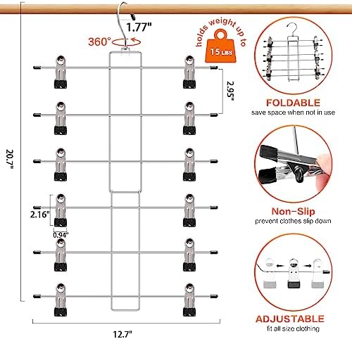 3 Pack Pants-Hangers-Space-Saving, 6 Tier-Closet-Organizers-and-Storage | Skirt Hangers with Clips, Closet-Organizer-Clothes-Organization Jeans Scarf Hangers,College-Dorm-Room-Essentials Decor - Image 6