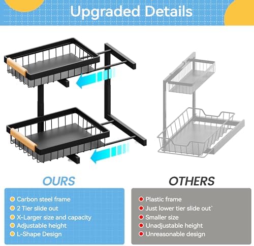 ADBIU Under Sink Organizer 2 Packs 2 Tier Expandable Height Under-Sink Organizers Slide Out Pull Out Organizer Shelf, Black - Image 5