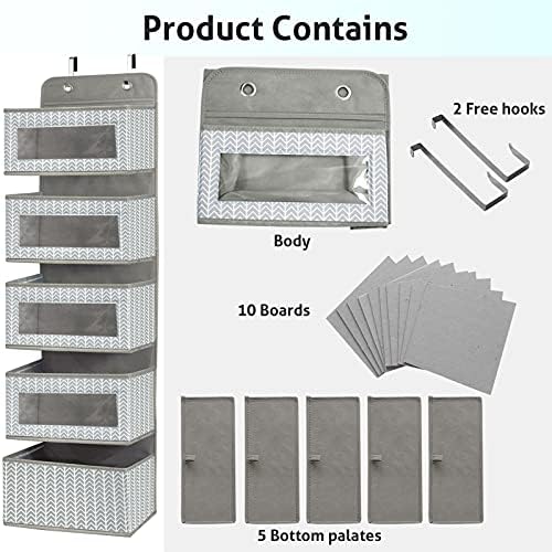 Over the Door Hanging Organizer with 5 Large Pockets - Wall Mount Pantry Storage with Clear PVC Window & 2 Big Metal Hooks for Closet,Bathroom,Nursery,Bedroom,Dorm,Baby Diapers,Kids Toys (Gray) - Image 6