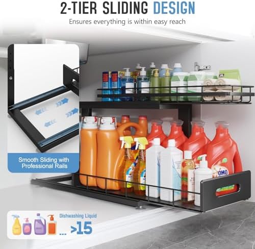 Under Sink Organizer Upgrade To Professional Rails,2-Tier Dual Pull Out Cabinet Storage,Height Adjustable Slide Out Drawers For Bathroom Kitchen,2 Pack-21"Dx12.8"-16.9"H,Black - Image 5