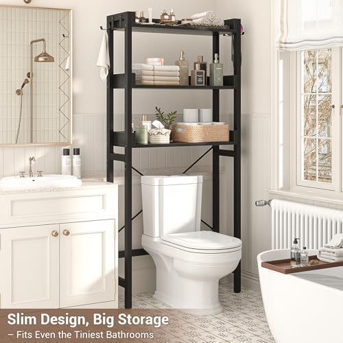 Besiost Over The Toilet Storage Rack - 3 Tier Bathroom Organizer with Shelves, Freestanding Space Saver Storage Rack Above Toilet Stand with 4 Hooks for Restroom, Laundry, Black - Image 3