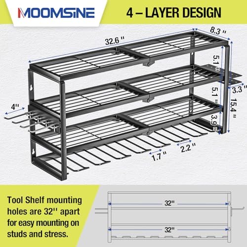 MOOMSINE 4 Layer Power Tool Organizer Wall Mount, Battery Tools Holder with Charging Station Shelf, Cordless Drill Hanger Storage Rack for Garage Organization, Workshop, Pegboard - 32 Inch 8 Slots - Image 2