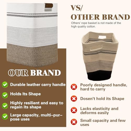 Laundry Hamper, 95L Tall Laundry Basket with Leather Handles, Rectangle Large Clothes Hamper for Organizing, Cotton Woven Laundry Baskets Storage Hampers for Bedroom, Nursery, Living Room - Image 5