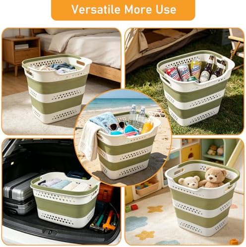 2 Pcs 42L/11.2 Gal Collapsible Laundry Basket - Foldable Plastic Pop Up Hamper with Handles, Space-Saving Storage Organizer for Wet & Dry Clothes, Ideal for Home, Dorm and Apartment Use Green - Image 7