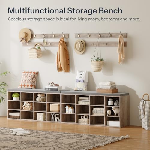 HOOBRO Shoe Storage Bench with Cushion, 39.4" L Entryway Bench with 12 Cubbies, Entryway Hall Tree with Storage, Shoe Cabinet with Coat Rack for Bedroom, Hallway, Holds up to 330 lb, Gray GY112HX01 - Image 5