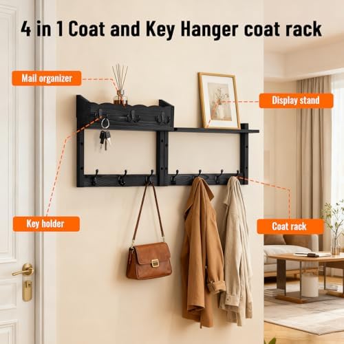 28-Inch Wood Wall Mounted Coat Rack with Shelf, 7 Hooks, 3 Key Holder - Image 4