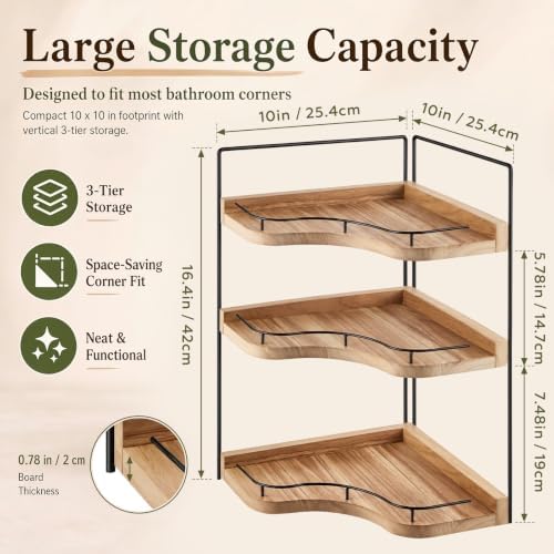 Ripeng 3 Tier Corner Bathroom Counter Organizer, Wooden Vanity Shelf with Metal Guardrails, Space Saving Corner Storage Rack for Bathroom Countertop, Kitchen, Bedroom, Light Brown - Image 2