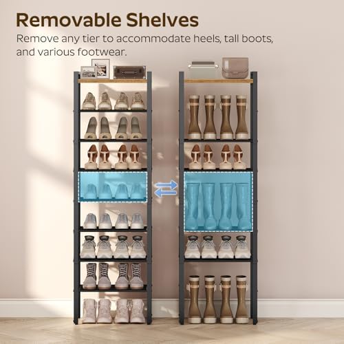 YATINEY 8-Tier Narrow Shoe Rack, Tall Shoe Rack for 8-16 Pairs, Slim Shoe Storage Organizer with Wooden Top, Space Saving, Metal Frame, for Entryway, Rustic Brown and Black SS608BR - Image 5