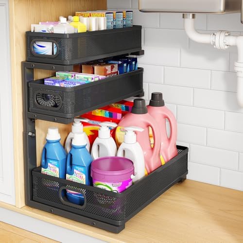 Under Sink Organizer, 3-Tier Thickened Metal Pull out Cabinet Organizer Shelf, Height Adjustable Slide out Storage Drawer Rack for Kitchen Bathroom Pantry Laundry Home Organization, 1-Pack, Black by HERJOY