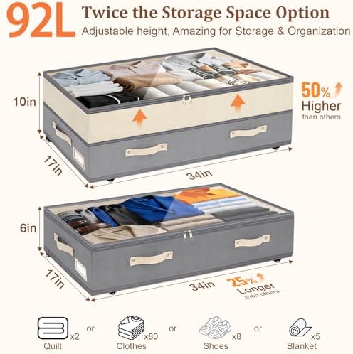 Dolicer 4 Pack Under Bed Storage with Wheels, 6in-10in Height Adjustable Underbed Storage Containers, 92L XXXL Under Bed Drawers Rolling Bin with Clear Lids for Dorm Shoes Clothes Organizers(Grey) - Image 3