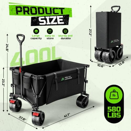 400L Folding Wagon Cart with Brakes & Removable Table, 580lbs Heavy Duty Collapsible Wagon, Big All-Terrain Wheels for Camping, Sports, Grocery, Outdoor - Black - Image 2