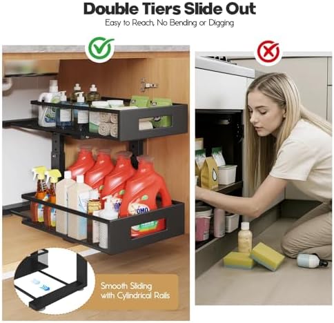 Under Sink Organizer, 2-Tier Dual Pull Out Cabinet Organizer Drawers With Smooth Circular Rail, Large Capacity Metal Mesh Sliding Shelves For Bathroom& Kitchen Storage,Height Adjustable–Black,2 Packs - Image 7
