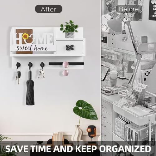 AIRPOP Key Holder Wall Mount-Home Sign Mail and Key Organizer for wall with 3 Hooks and Storage Drawer, Easy Installation Key Rack Hanger for Entryway Living Room House Decor (White) - Image 5