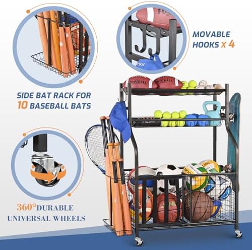 PLKOW Sports Equipment Storage for Garage, Indoor/Outdoor Sports Rack for Garage, Ball Storage Garage Organizer with Basket and Hooks,Toy/Sports Gear Storage - Image 5