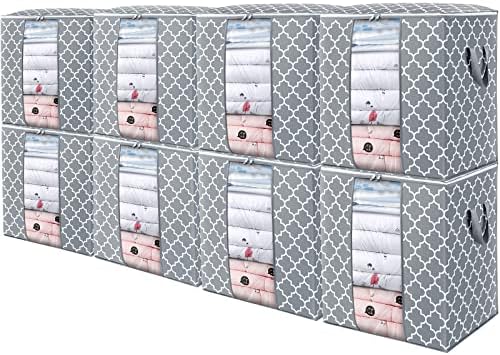 Storage Bags 8 Pack 100L Clothes Organization and Storage Containers | Large Blanket for Comforters,Bedding, Foldable Organizer with Reinforced Handle, Clear Window, Sturdy Zippers, Light Grey by WiseLife
