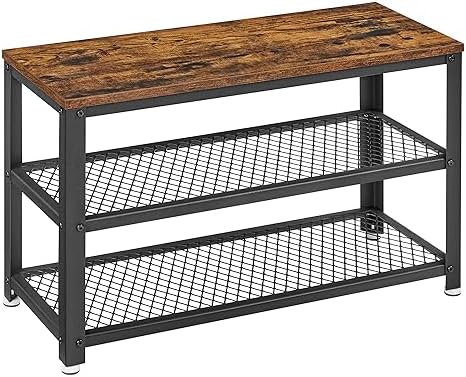 VASAGLE 3-Tier Shoe Rack, Storage Bench with Metal Mesh Shelves and Seat by Unknown