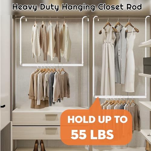 Hanging Closet Rod Adjustable Width Height Closet Rod For Hanging Clothes White 1 Pack Closet Extender Hanging Rod Clothes Space-Saving Hanging Bar Organizer - Image 2
