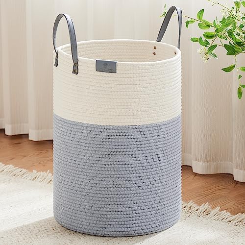 VIPOSCO 100L Tall Woven Rope Laundry Hamper, Leather Handles, Grey & White by VIPOSCO