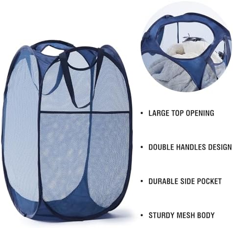 TECHMILLY Upgraded 105L Collapsible Mesh Pop Up Laundry Hamper with Sturdy Handles and Side Pocket - Portable Foldable Clothes Baskets for Dorm, Bathroom & Travel Storage (Blue Plus) - Image 4