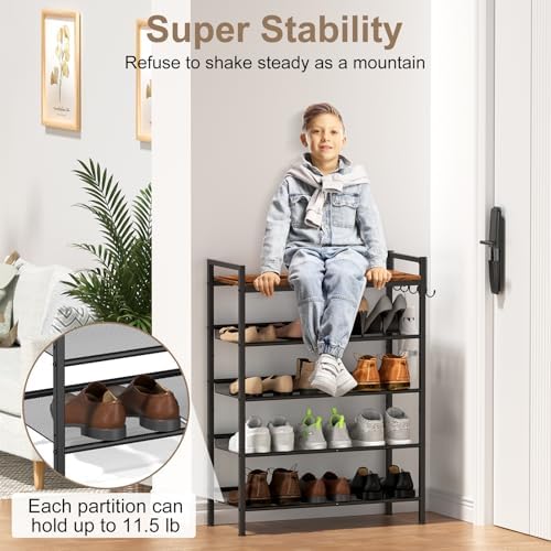 Refrze Shoe Rack for Front Door Entrance, 4 Tier Height-Adjustable Metal Shoe Rack, Sturdy Wooden Top and Tiltable Steel Frame Heavy Duty Shoe Organizer for Bathroom,Bedroom,Kitchen，Include Hook - Image 4