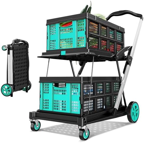 8-in-1 Max 200LBS Collapsible Shopping Cart on Wheels with 2 Storage Crates, Portable Foldable Shopping Cart with Foot Brake for Picnic, Supermarket, Office, Blue-2026 Upgraded by BSMTEK