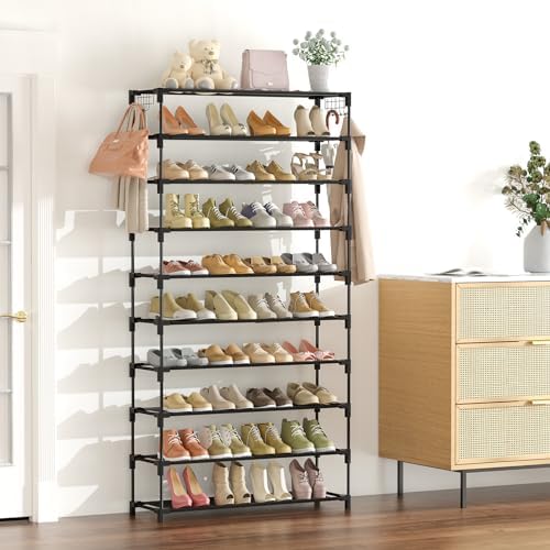 LANTEFUL 10 Tiers Shoe Rack Large Capacity Tall Shoe Organizer Sturdy Shoe Storage with Two Hooks Space Saving Metal Wide Shoe Rack for Closet, Entryway, Bedroom, Black - Image 2