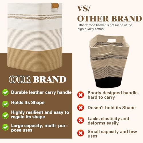 Laundry Hamper, 95L Tall Laundry Basket with Leather Handles, Rectangle Large Clothes Hamper for Organizing, Cotton Woven Laundry Baskets Storage Hampers for Bedroom, Nursery, Living Room - Image 4