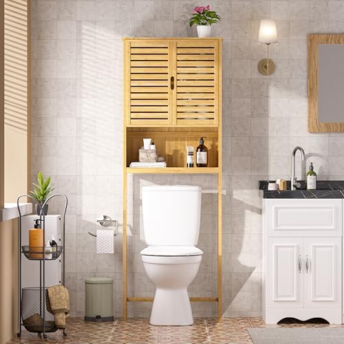 Yardenaler Over-The-Toilet Storage Shelf with Doors, Bathroom Freestanding Bamboo Organizer Space Saver with Adjustable Shelf, Natural by Yardenaler