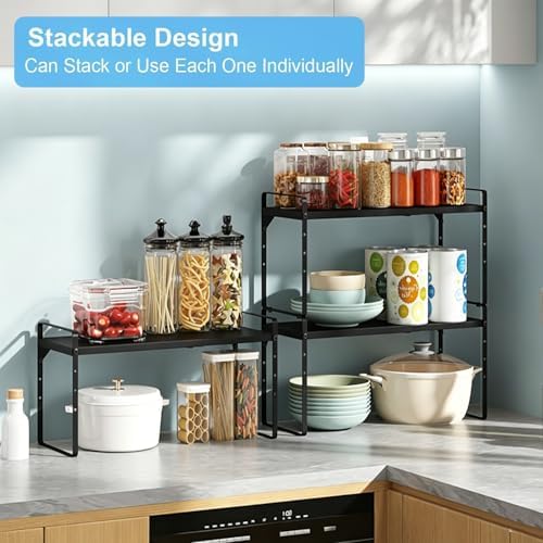 15.5 to 25.5 Inch Expandable Kitchen Cabinet Organizer Shelf, 2 Pack 30 LBS Heavy Duty Adjustable Kitchen Counter Storage Shelves Organizers,Stackable Small Storage Shelf Rack For Cabinet Cupboard - Image 5