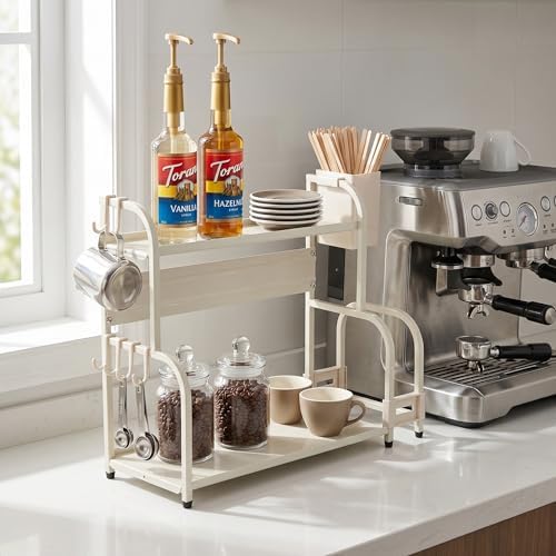 2 Tier Bathroom Counter Organizer, Narrow Space Saving Metal Shelf with Hooks and Side Basket, Multifunctional Vanity Tray Rack for Makeup, Skincare, Spice and Kitchen Storage, White - Image 6