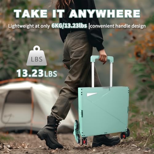 76L Folding Utility Cart Portable Rolling Crate Handcart Shopping Collapsible Tool Box with Stair Climbing Wheels,Hidden Lid,2 Rotate Wheels,for Grocery,Shopping,Office,Storage(Green) - Image 6