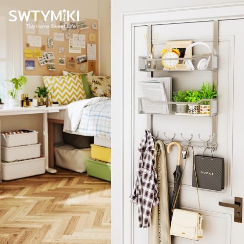 SWTYMIKI Over The Door Hook with 16 Hooks & 2 Mesh Baskets - Heavy Duty Over The Door Organizer Hanger for Towels, Coats, Clothes - Space Saving Hanging Rack for Bathroom, Living Room, Silver - Image 7