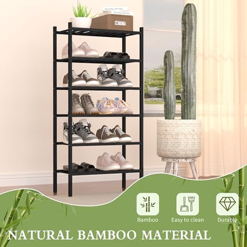 ROMGUAR CRAFT 6-Tier Bamboo Small Shoe Rack, Free Standing Wood Shoe Shelf Storage Organizer for Closet Entryway Stackable (Black) - Image 4