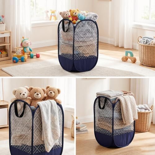 100L Extra Large Mesh Pop Up Laundry Hamper 2 Pack. Blue Travel Basket - Image 6