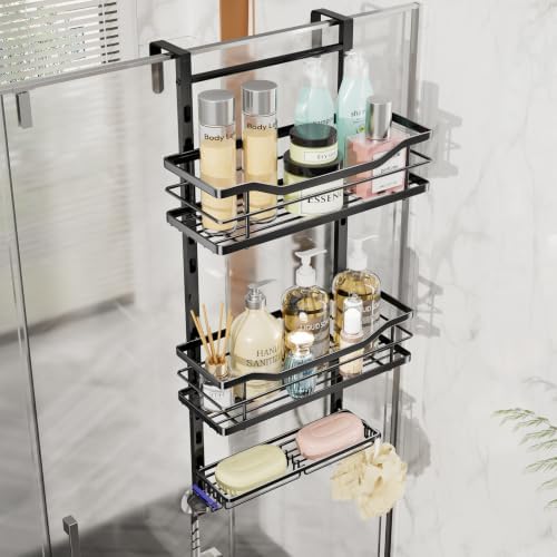 SWTYMIKI Over the Door Shower Caddy - 3 Tier Adjustable Shower Organizer Hanging with Soap Holder, No Drilling Stainless Steel Bathroom Rack Hanging for Body Wash, Shampoo, Soap, Razor, Black by SwtyMiki-TidyHomeSweetLife