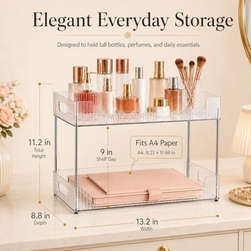 Goderewild 2-Tier Bathroom Counter Organizer, Multi-Purpose Cosmetics Skincare Shelf, Fits A4 Size Makeup Organizer for Office and Vanity Tray, Countertop Storage Solution for Kitchen,Bath.(Clear) - Image 2