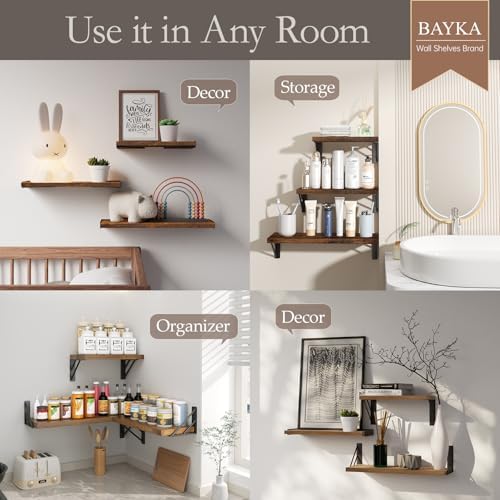 BAYKA Wall Shelves for Bedroom Decor, Wood, Rustic Brown, Set of 3, 16in - Image 3