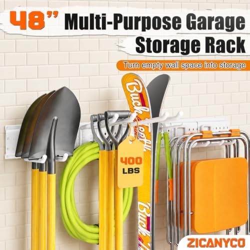 Garage Tool Organizer Wall Mount 49.5 inches with 10 Adjustable Heavy-Duty Hooks, Garage Organization, Garden Tool Storage Rack for Garage, Yard, Shed, Holds Up to 400 lbs, White - Image 2