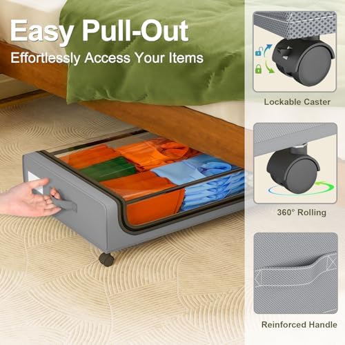 GoMaihe Under Bed Storage with Wheels 70L Grey 2-Pack | Rolling Bins for Shoes Clothes in Dorm Bedroom - Metal Drawers Easy Pull-out - Image 3