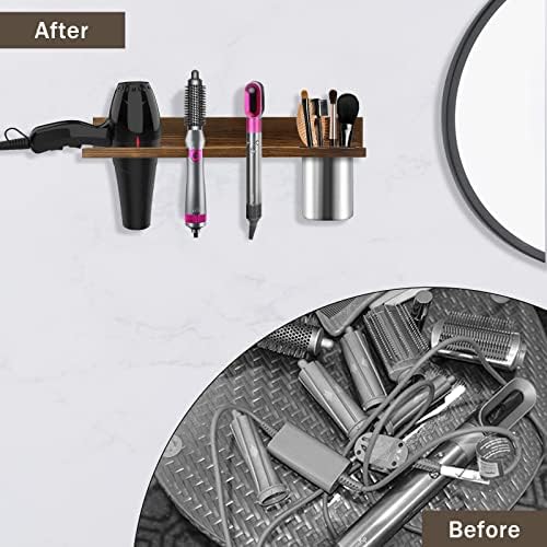 Hair Tool Organizer Wall Mounted - Wooden Dryer Holder, Blow Dryer Holder for Bathroom, Rustic Styling Tools Organizer for Flat Iron, Curling Wand, Hair Straighteners, Brushes, Brown - Image 3
